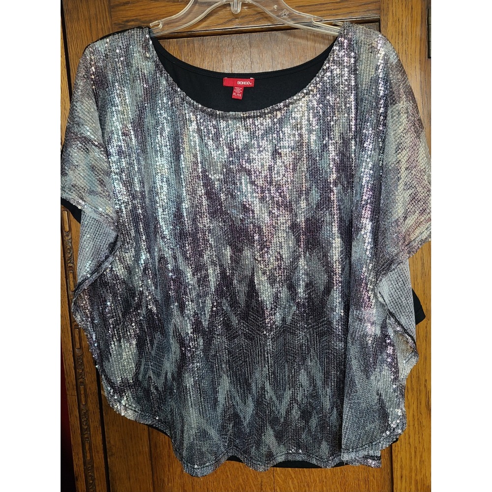 Bongo Y2K Womens XL Sequin Front Dolman Top Silver Black Iridescent Party Blouse